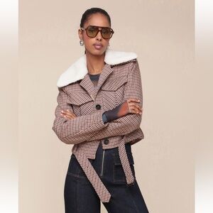 Padded Shoulder Belted Faux  Shearling Collar Cropped Jacket